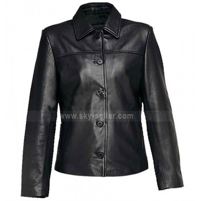 Women Black Leather Jacket With Buttons